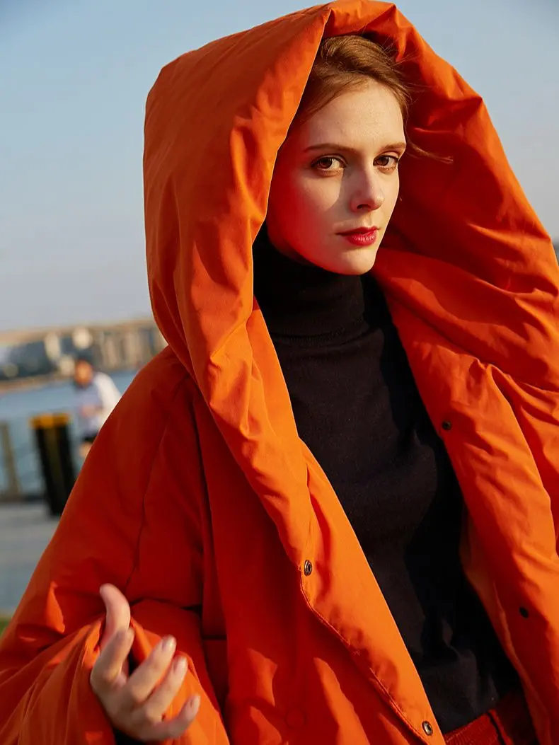 Winter Women's Parkas Fashion Tide Loose Fluffy Orange Red Oversized Down Jacket New Hooded Long Sleeve Warm Coats F2531