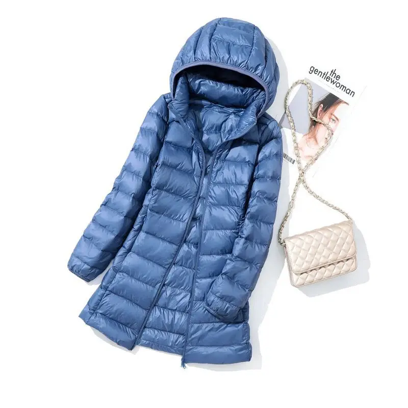 Hoody Long White Duck Down Coat Autumn Winter Portable Hooded Puffer Down Jacket Women Casual Double Zipper Windproof Thin Light
