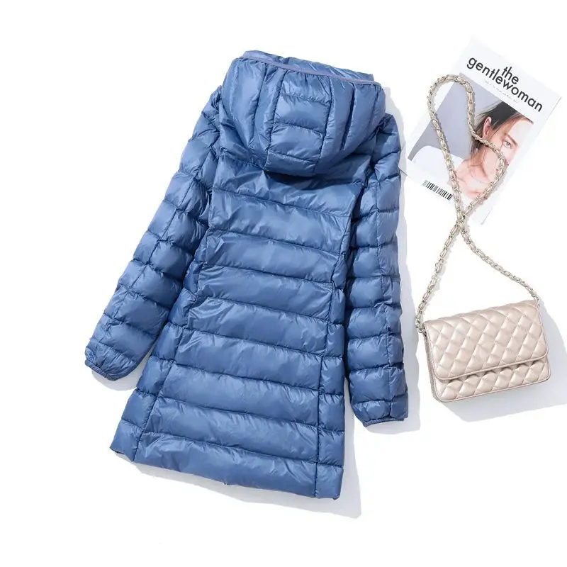 Hoody Long White Duck Down Coat Autumn Winter Portable Hooded Puffer Down Jacket Women Casual Double Zipper Windproof Thin Light