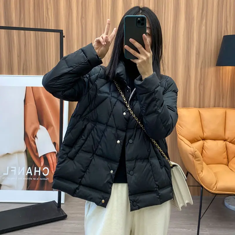 Janveny 2025 New Autumn Winter Lightweight Puffer Jacket Women Long Sleeve Single Breasted Duck Down Coat Female Short Parkas