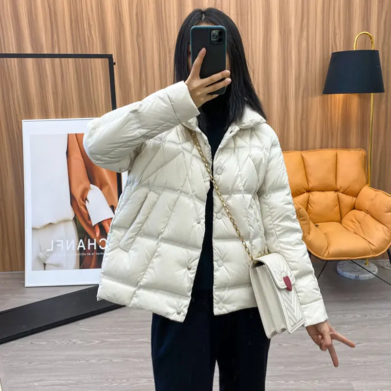 Janveny 2025 New Autumn Winter Lightweight Puffer Jacket Women Long Sleeve Single Breasted Duck Down Coat Female Short Parkas