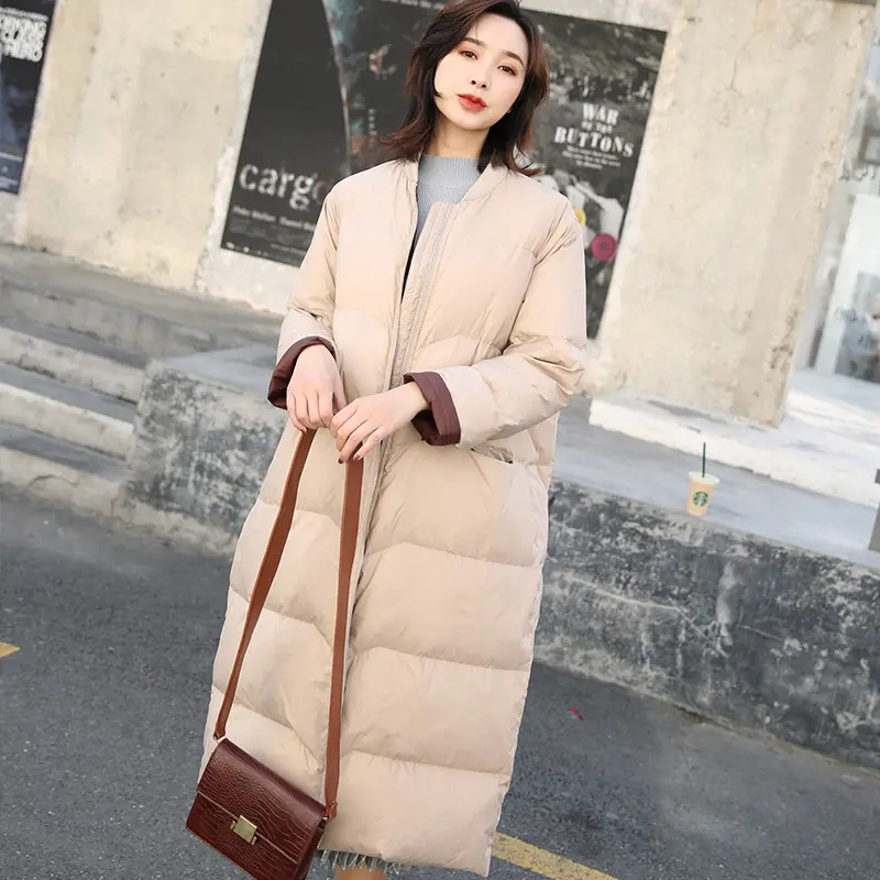 Winter Women Fashion Korean Style Baseball Long Down jacket Female White Duck Down Coat Puffer Jackets Loose parka