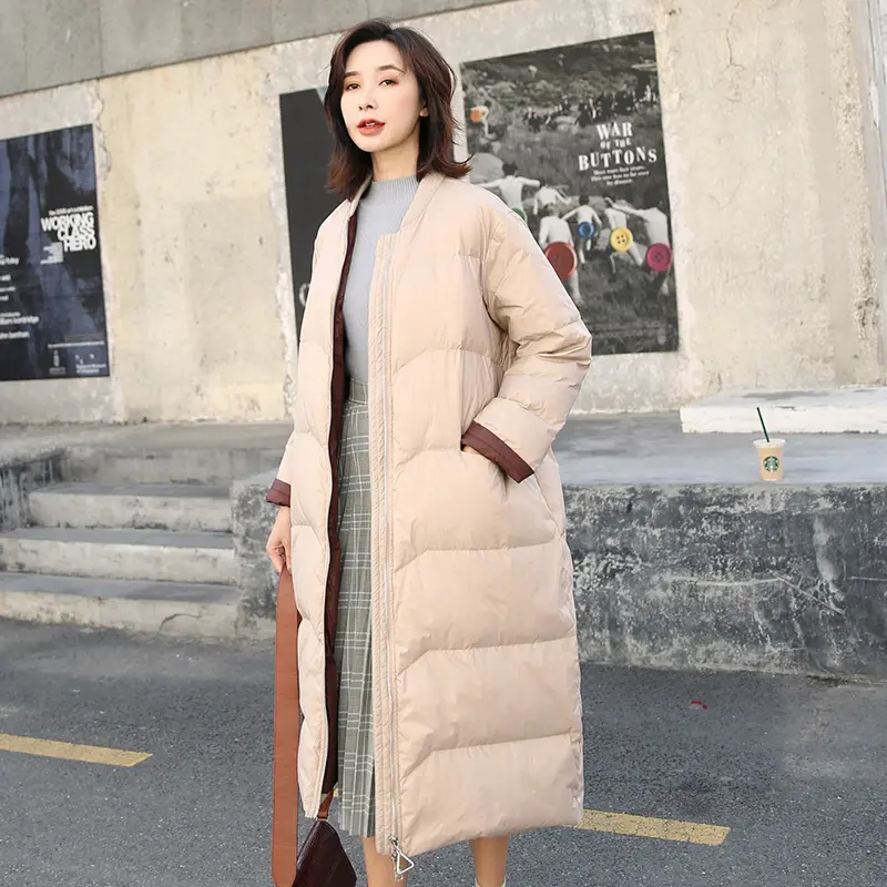 Winter Women Fashion Korean Style Baseball Long Down jacket Female White Duck Down Coat Puffer Jackets Loose parka