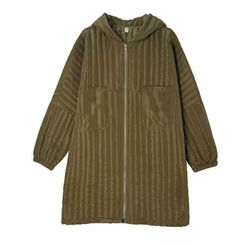 Autumn New Big Pocket Solid Color Padded Hooded Fashion Coat Plus Size Women's Joker Long Light Thin Cotton-Padded Coat