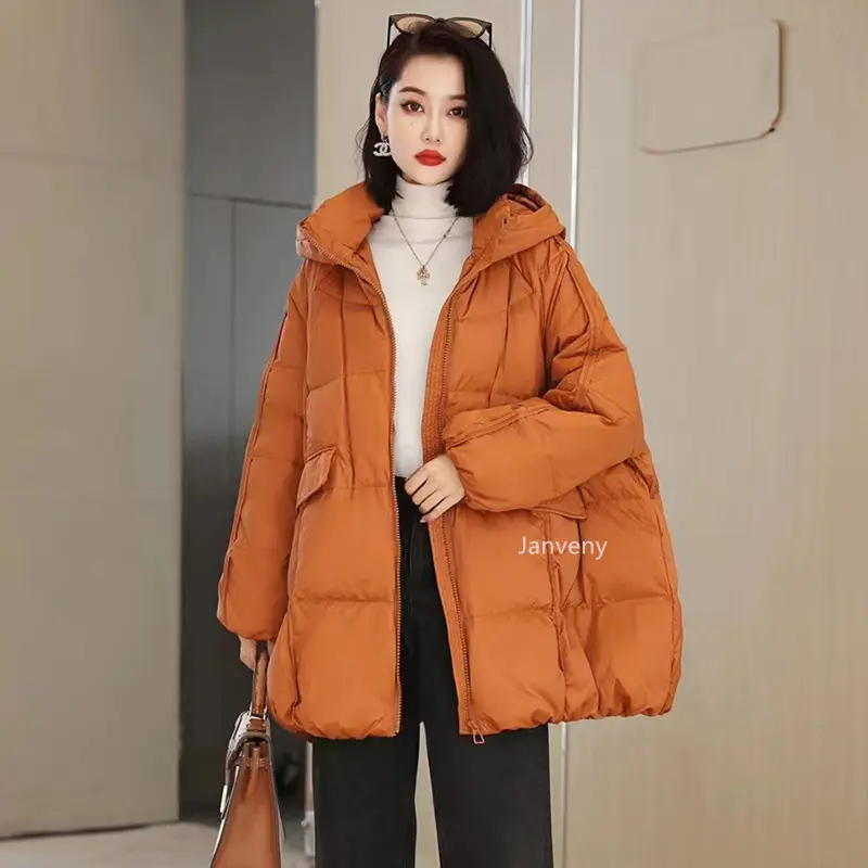 Janveny Women 90% White Duck Down Jacket Hooded Autumn Winter Warm Oversize Puffer Coat Casual Loose Thick Parkas Female Outwear