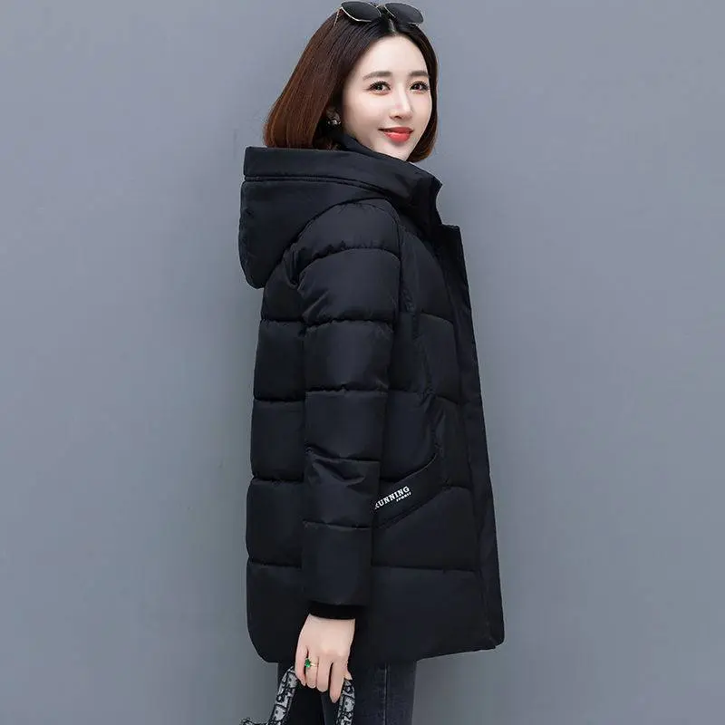 New Snow Wear Hooded Mid Length Down Cotton Coat Women's Loose Thickened Warm Parkas Middle Aged Mother Winter Wadded Jacket