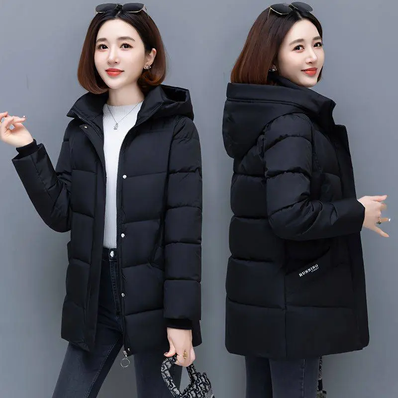 New Snow Wear Hooded Mid Length Down Cotton Coat Women's Loose Thickened Warm Parkas Middle Aged Mother Winter Wadded Jacket