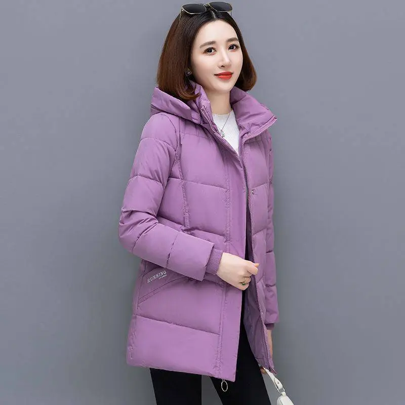 New Snow Wear Hooded Mid Length Down Cotton Coat Women's Loose Thickened Warm Parkas Middle Aged Mother Winter Wadded Jacket