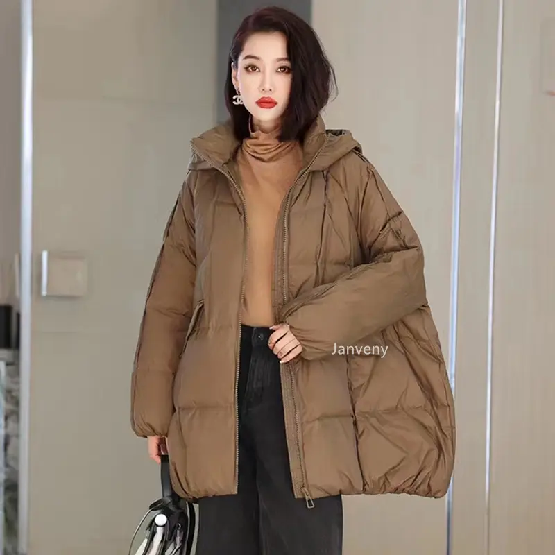 Janveny Women 90% White Duck Down Jacket Hooded Autumn Winter Warm Oversize Puffer Coat Casual Loose Thick Parkas Female Outwear