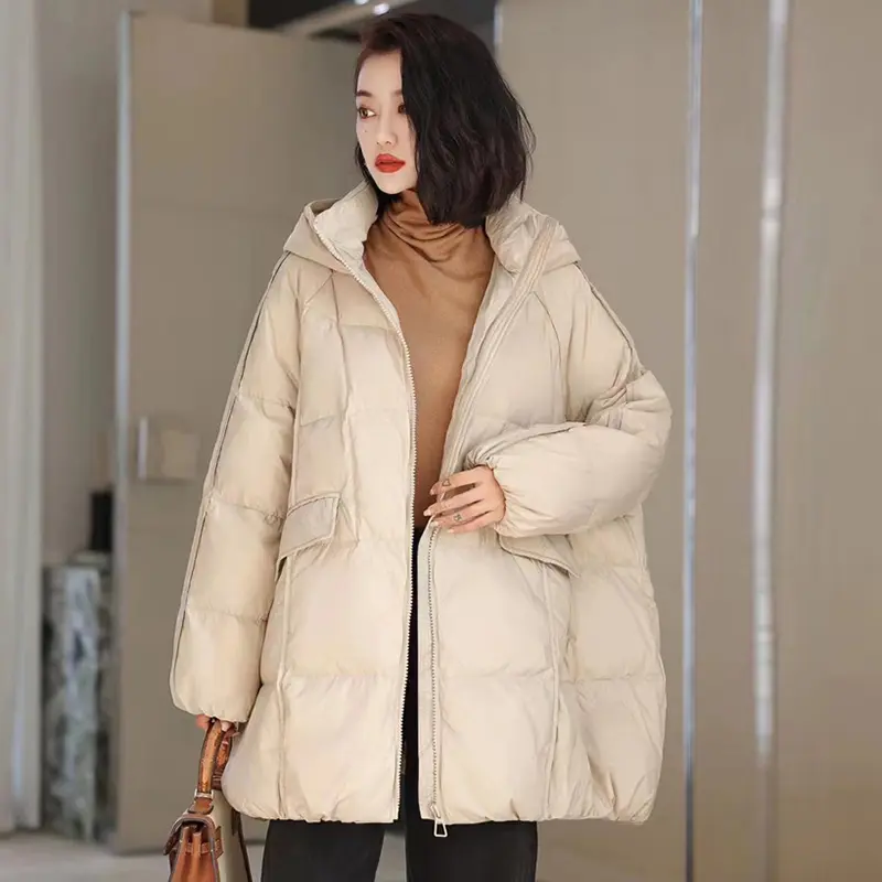 Janveny Women 90% White Duck Down Jacket Hooded Autumn Winter Warm Oversize Puffer Coat Casual Loose Thick Parkas Female Outwear