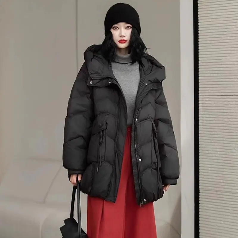 Lagabogy 2025 Women Autumn Winter Vintage Style Loose Casual Mid-Long Hooded Warm Puffer Coat Female 90% White Duck Down Jacket