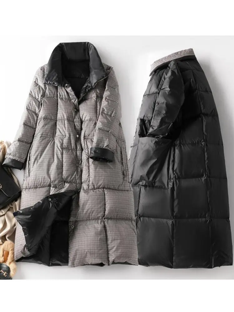 SEDUTMO Winter Long Down Jackets Women Ultra Light Plaid Coat Autumn Double Sided Oversize Quilted Puffer Jacket ED1184