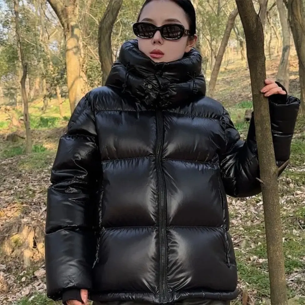 Puffer Jacket 2025 New Winter Black Glossy Short Fluffy Down Jacket Women Hooded Thickened Warm Casual 90% White Duck Down Coat
