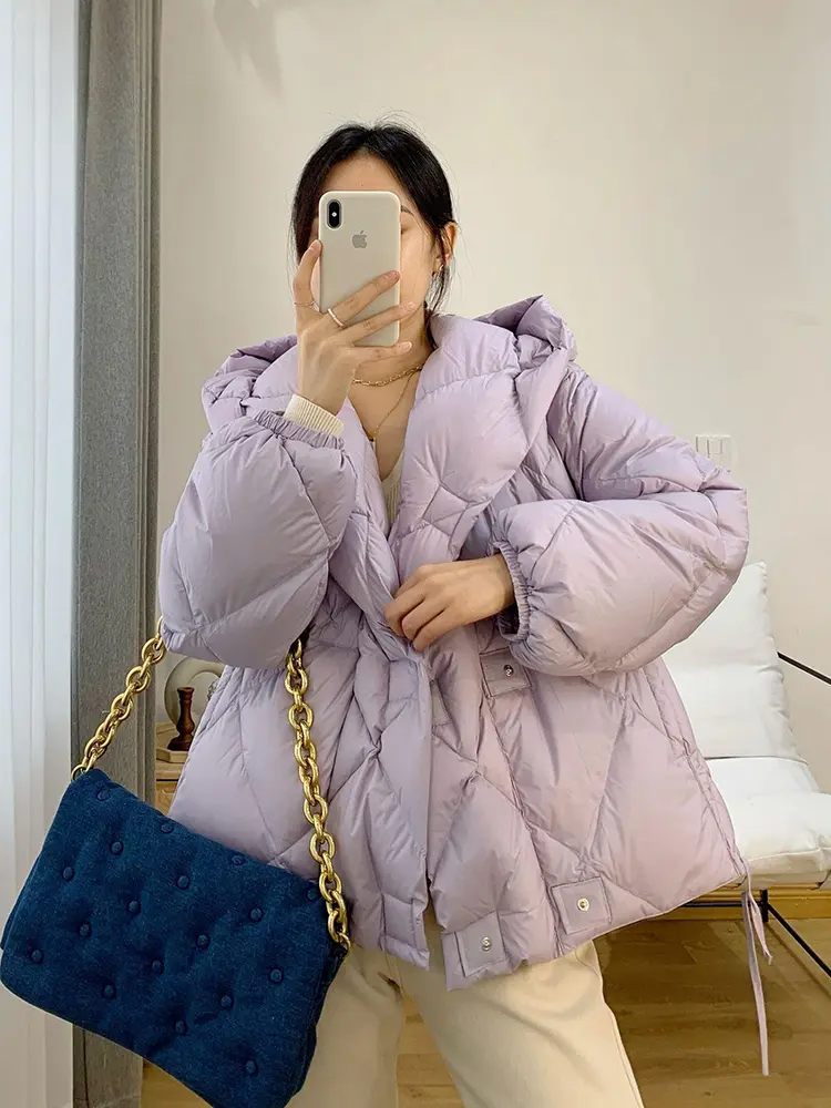 Fashion 2024 Winter 90% White Duck Down Coat Women Short Puffer Jacket Light Warm Parkas Female Casual Hooded Loose Outwear