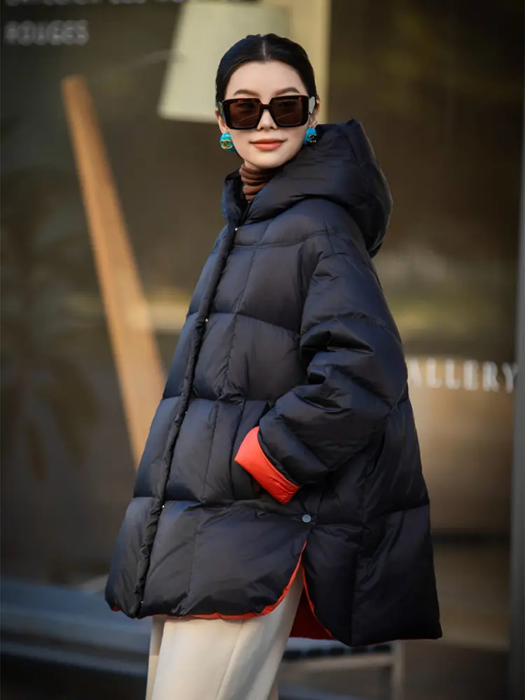 Lagabogy 2025 New Winter Women Puffer Jacket Casual Loose Over Size Warm Outwear Female 90% White Duck Down Coat Hooded Outwear
