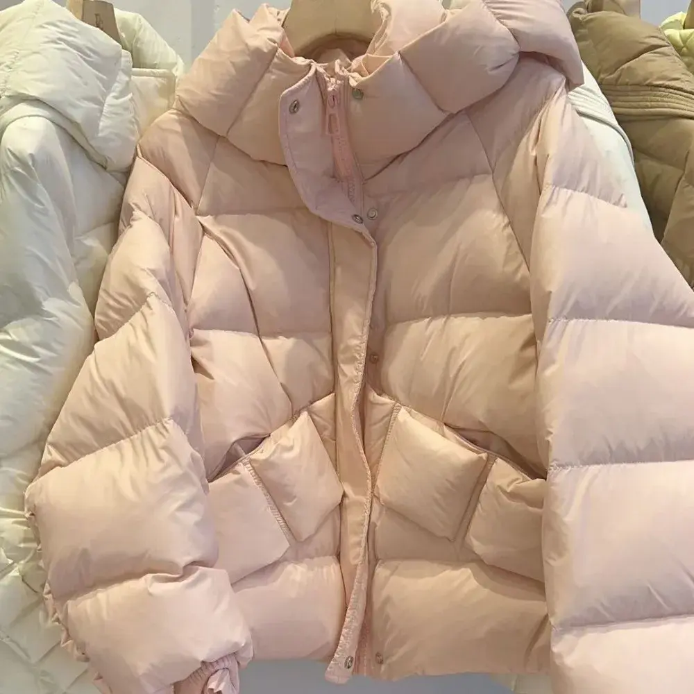 White Duck Down Jacket Women Casual Feather Parkas Outerwear 2024 Winter Short Loose Puffer Coat Hooded Thick Warm Female