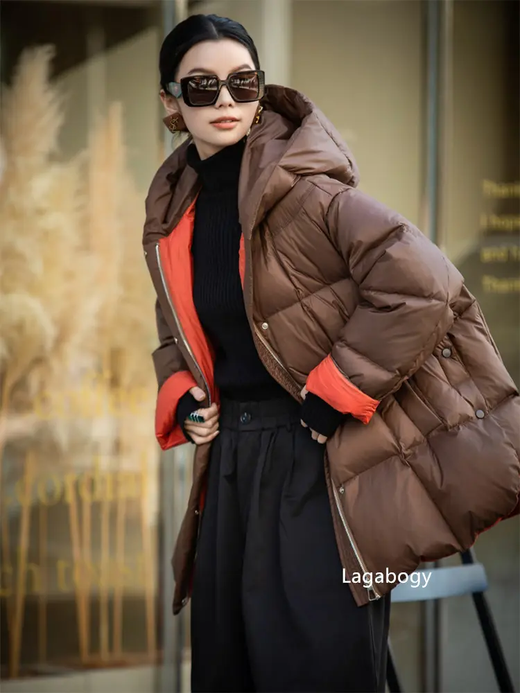Lagabogy 2025 New Winter Women Puffer Jacket Casual Loose Over Size Warm Outwear Female 90% White Duck Down Coat Hooded Outwear