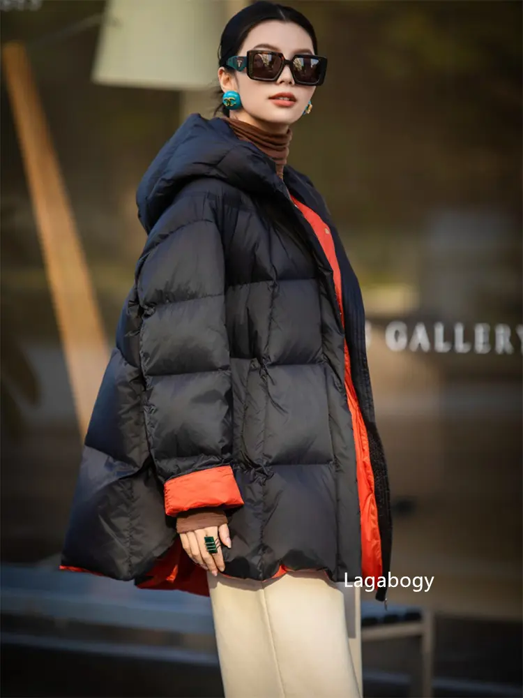 Lagabogy 2025 New Winter Women Puffer Jacket Casual Loose Over Size Warm Outwear Female 90% White Duck Down Coat Hooded Outwear