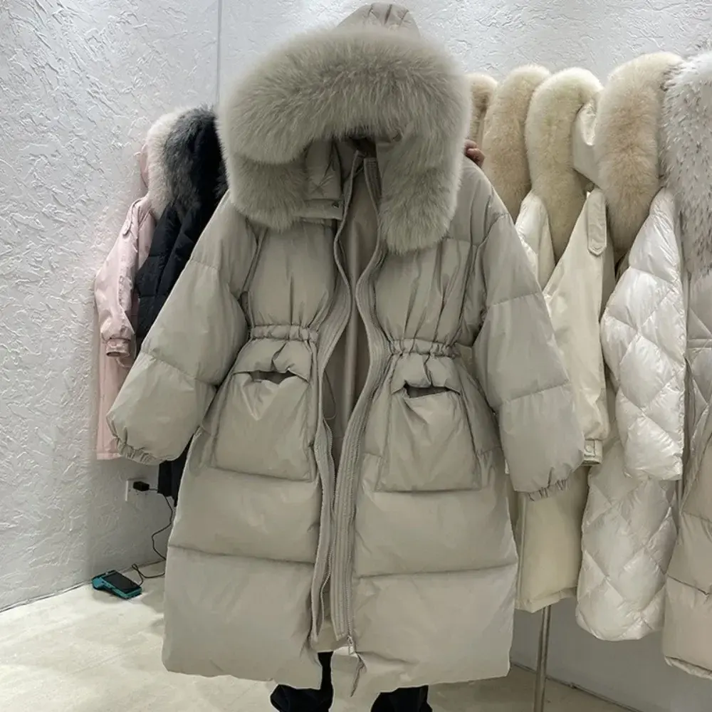 Luxury Outerwear Long Puffer Jacket 2024 Real Fox Fur Collar Down Jacket Women Duck Down Coat Warm Female Fluffy Parkas Loose
