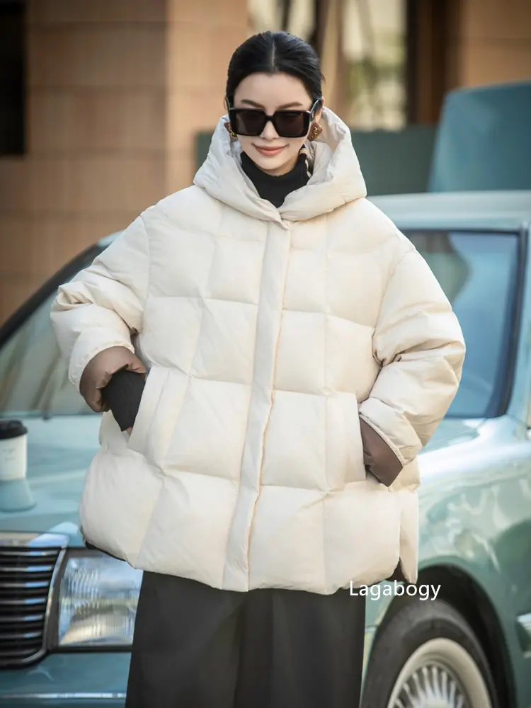 Lagabogy 2025 New Winter Women Puffer Jacket Casual Loose Over Size Warm Outwear Female 90% White Duck Down Coat Hooded Outwear