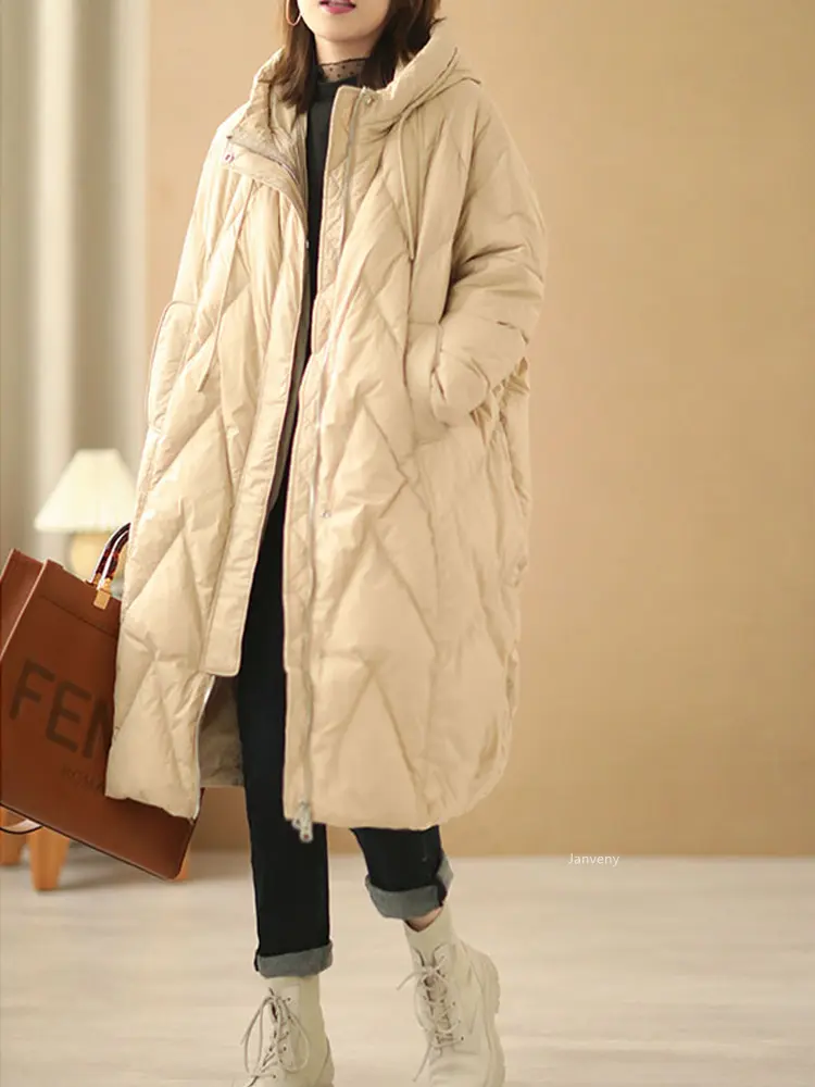 Janveny Women Loose Long Coat 90% White Duck Down Jacket Women 2025 Winter Female Overcoat Winter Hooded Puffer Feather Parkas
