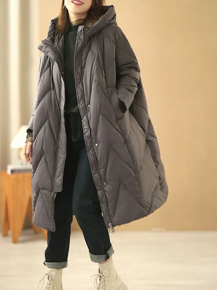 Janveny Women Loose Long Coat 90% White Duck Down Jacket Women 2025 Winter Female Overcoat Winter Hooded Puffer Feather Parkas