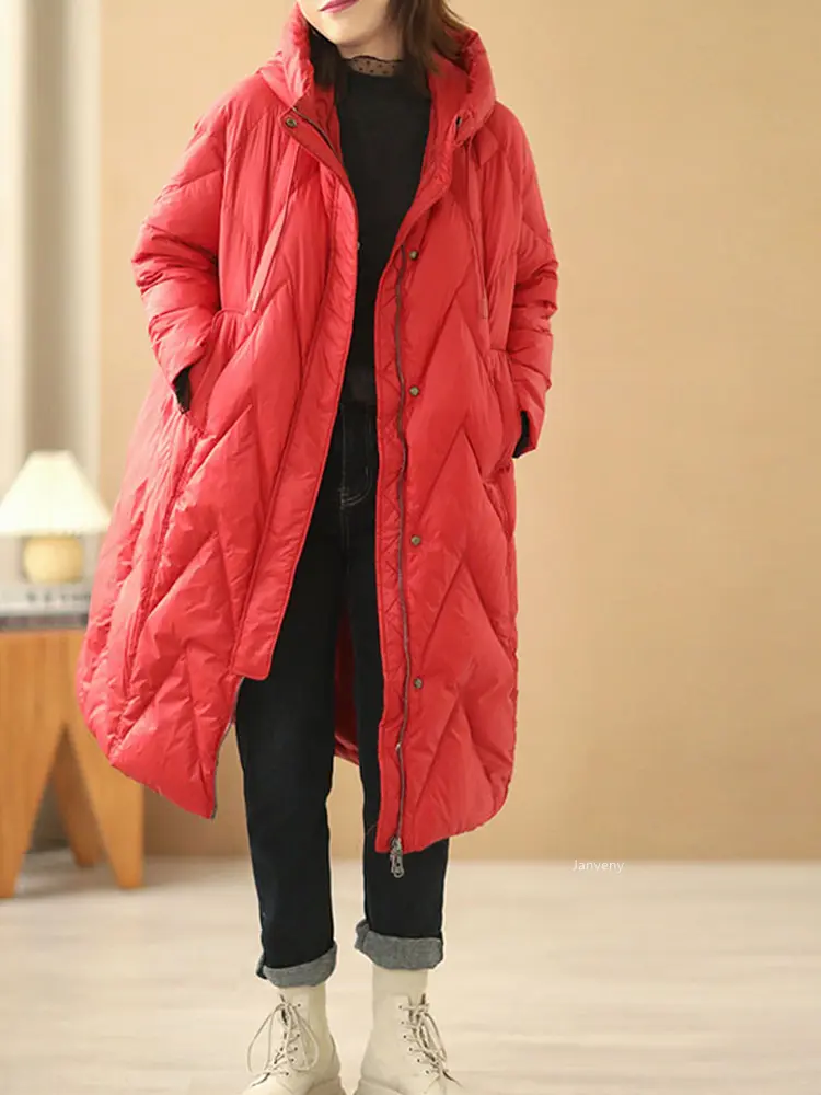 Janveny Women Loose Long Coat 90% White Duck Down Jacket Women 2025 Winter Female Overcoat Winter Hooded Puffer Feather Parkas