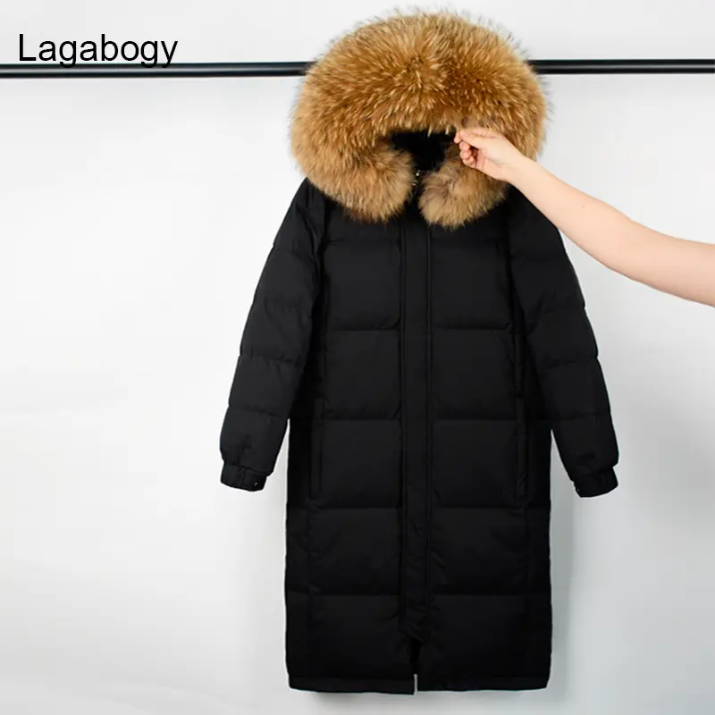 Lagabogy 2025 Large Real Raccoon Fur Winter Women 90% White Duck Down Jacket Female Thick Hooded Long Parkas Oversized Snow Coat