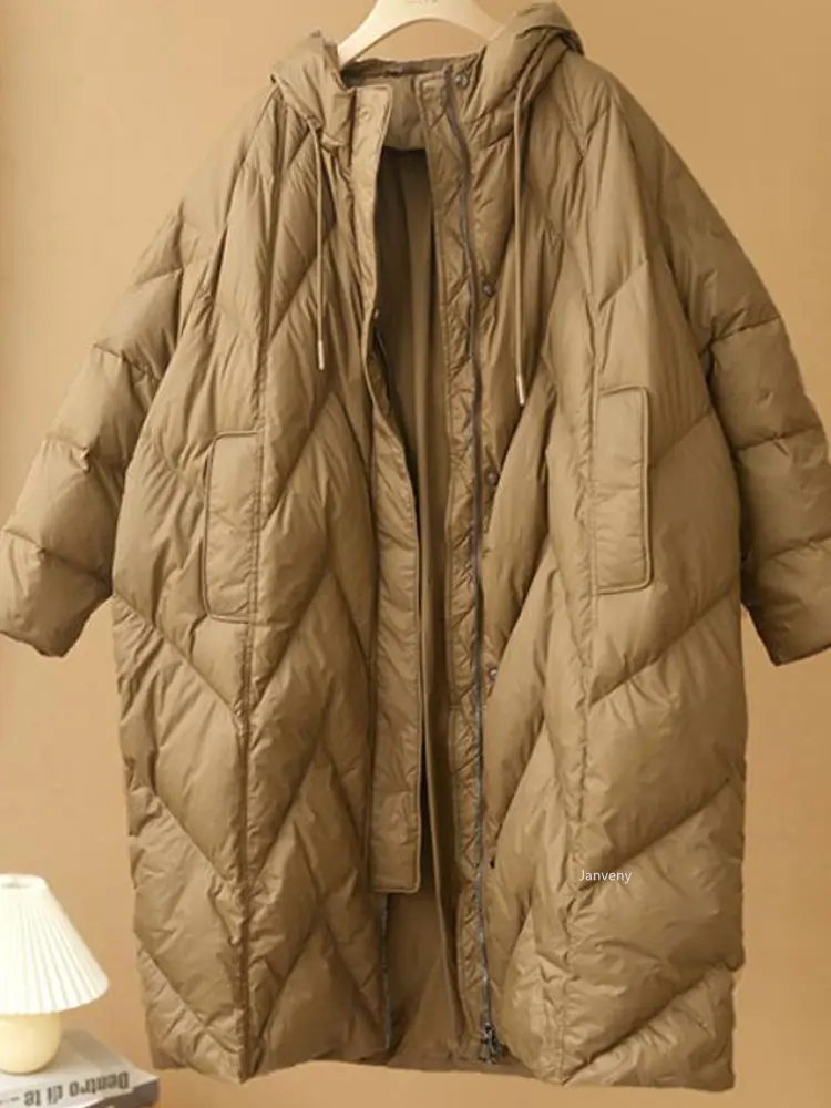 Janveny Women Loose Long Coat 90% White Duck Down Jacket Women 2025 Winter Female Overcoat Winter Hooded Puffer Feather Parkas