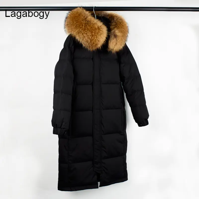 Lagabogy 2025 Large Real Raccoon Fur Winter Women 90% White Duck Down Jacket Female Thick Hooded Long Parkas Oversized Snow Coat