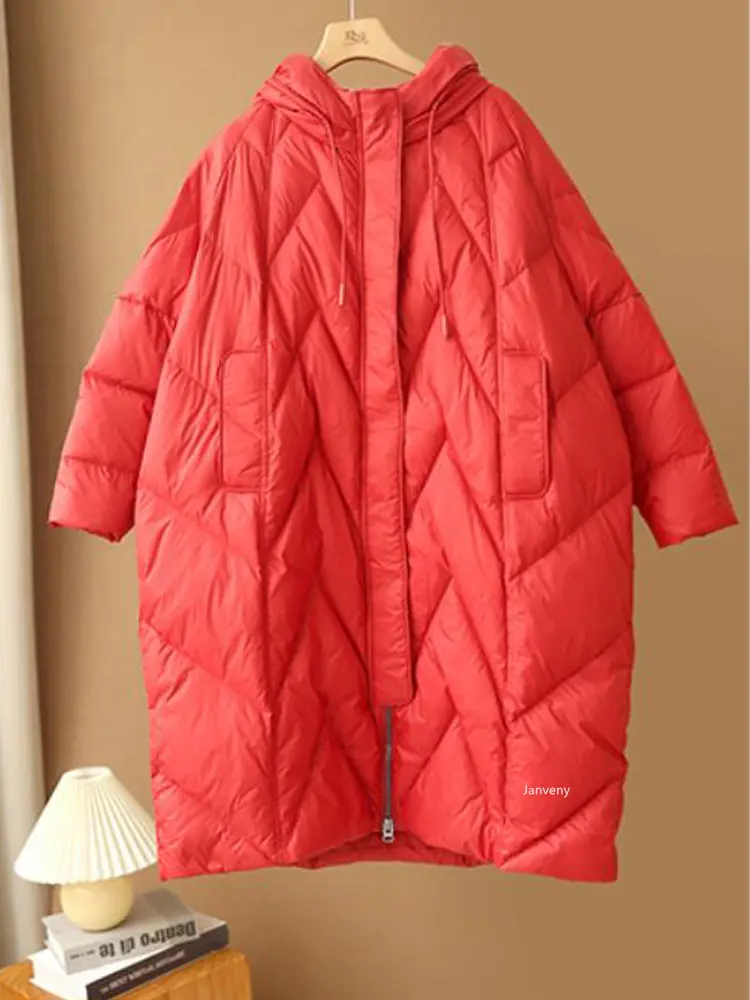Janveny Women Loose Long Coat 90% White Duck Down Jacket Women 2025 Winter Female Overcoat Winter Hooded Puffer Feather Parkas