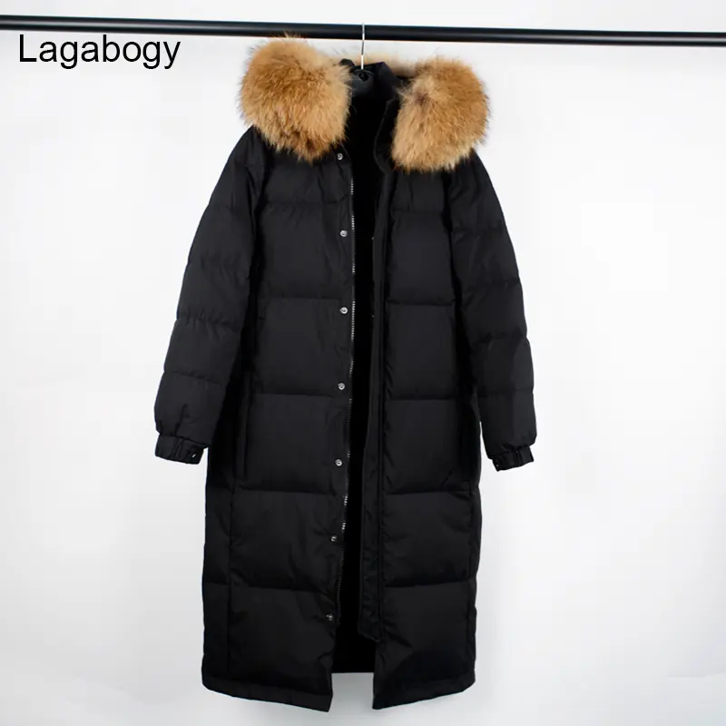 Lagabogy 2025 Large Real Raccoon Fur Winter Women 90% White Duck Down Jacket Female Thick Hooded Long Parkas Oversized Snow Coat