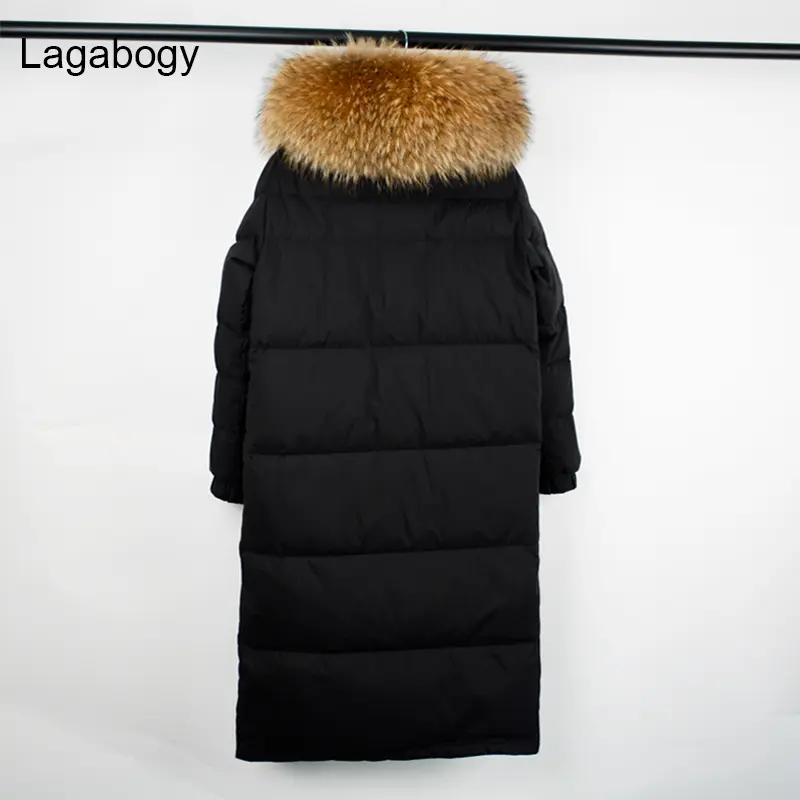 Lagabogy 2025 Large Real Raccoon Fur Winter Women 90% White Duck Down Jacket Female Thick Hooded Long Parkas Oversized Snow Coat