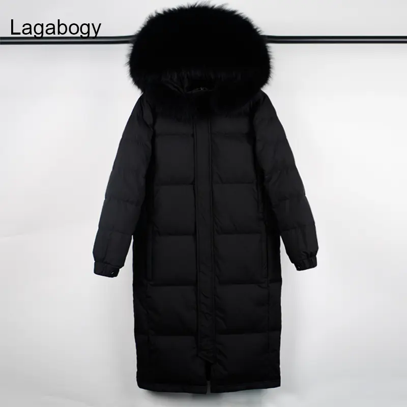 Lagabogy 2025 Large Real Raccoon Fur Winter Women 90% White Duck Down Jacket Female Thick Hooded Long Parkas Oversized Snow Coat
