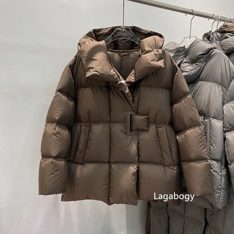 Lagabogy 2025 Winter 90% White Duck Down Coat For Women Mid-Length Hooded Thick Puffer Jacket Female Button Design Loose Parkas
