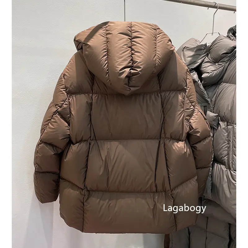 Lagabogy 2025 Winter 90% White Duck Down Coat For Women Mid-Length Hooded Thick Puffer Jacket Female Button Design Loose Parkas