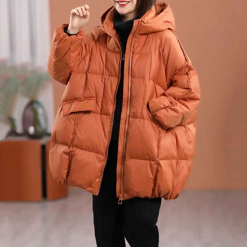 Lagabogy 2025 New Winter Women White Duck Down Jacket Hooded Warm Oversize Puffer Coat Female Casual Loose Parkas Pocket Outwear
