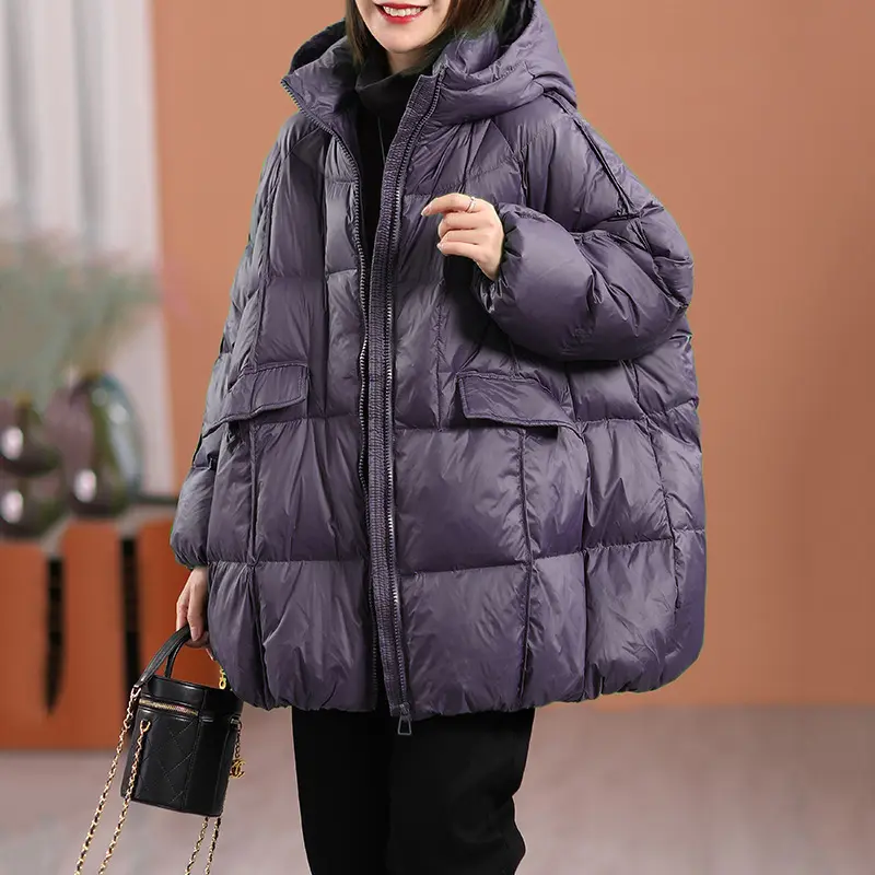 Lagabogy 2025 New Winter Women White Duck Down Jacket Hooded Warm Oversize Puffer Coat Female Casual Loose Parkas Pocket Outwear