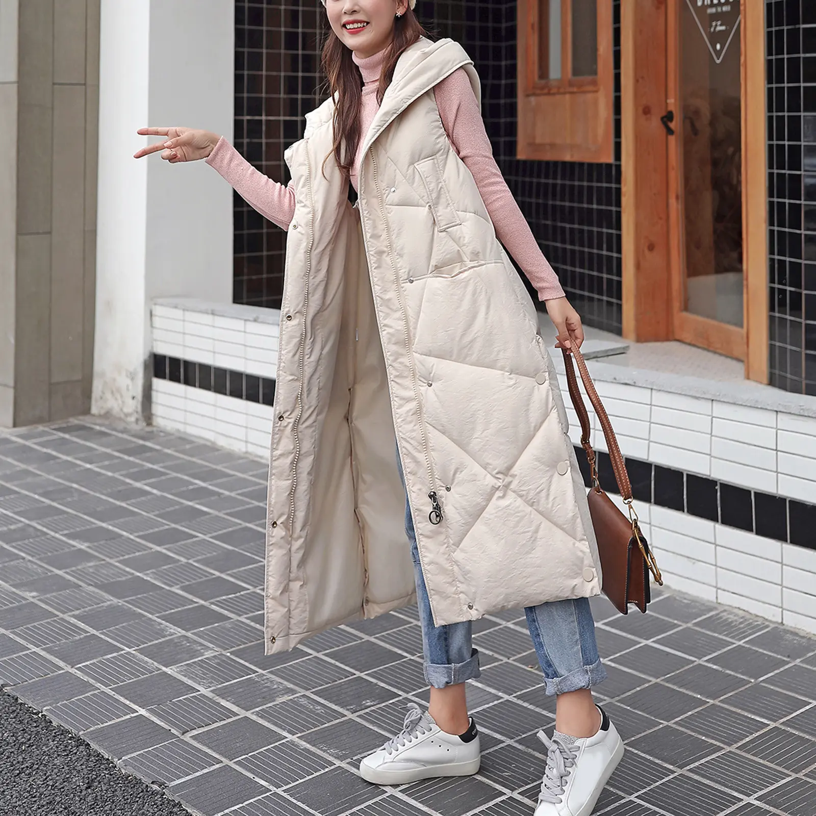 Women Winter Warm Coat Zipper Quilted Jacket Solid With Pockets Cotton Long Coats Female Fashion Casual Thickened Hooded Vest