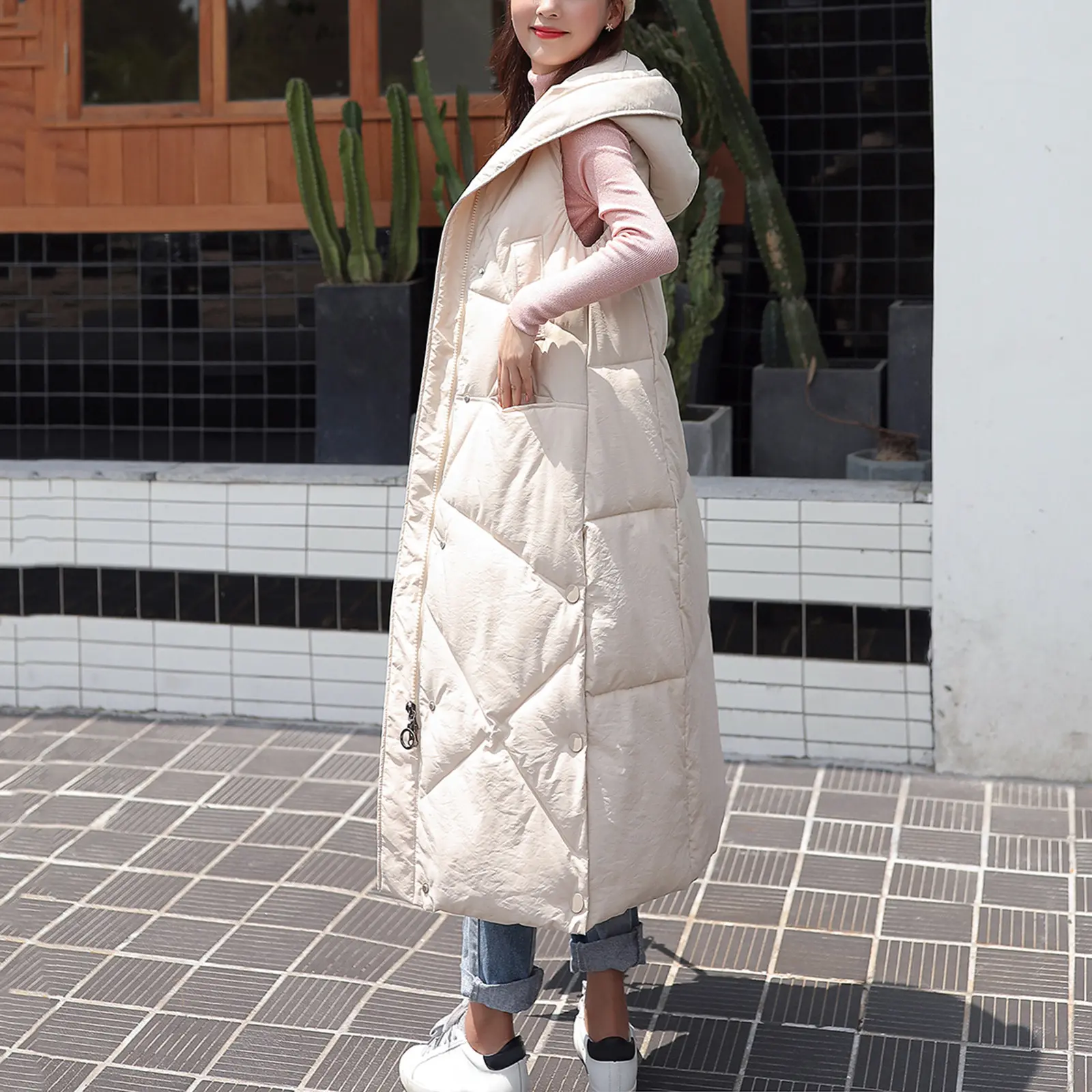 Women Winter Warm Coat Zipper Quilted Jacket Solid With Pockets Cotton Long Coats Female Fashion Casual Thickened Hooded Vest
