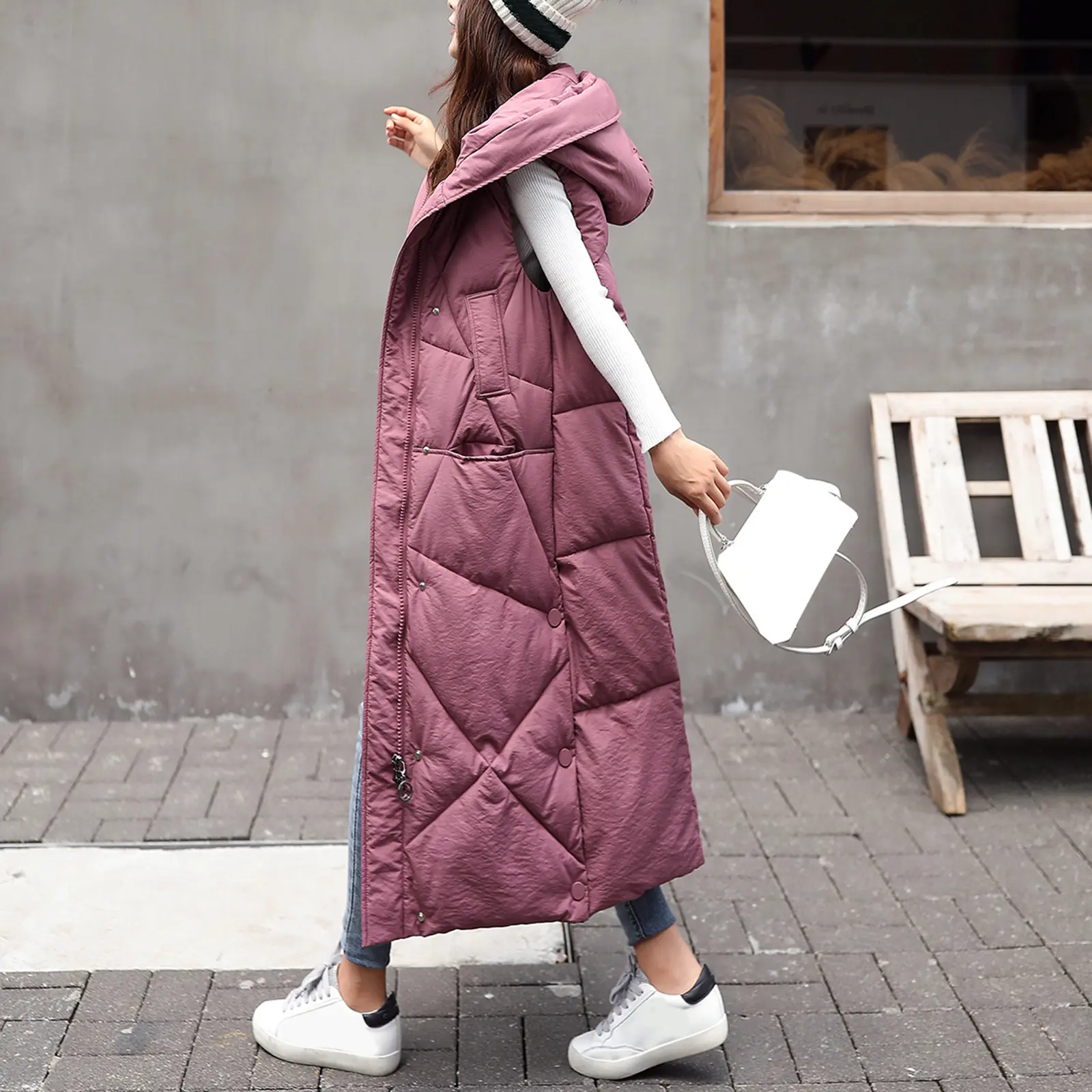 Women Winter Warm Coat Zipper Quilted Jacket Solid With Pockets Cotton Long Coats Female Fashion Casual Thickened Hooded Vest