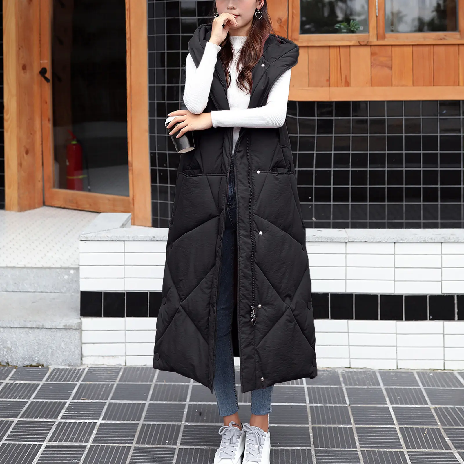 Women Winter Warm Coat Zipper Quilted Jacket Solid With Pockets Cotton Long Coats Female Fashion Casual Thickened Hooded Vest