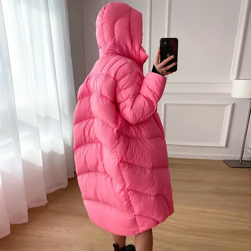 Simple Women's Winter Down Jacket Fluffy Warm Long Parka 2025 New High-end Cocoon Type Oversize Hooded White Duck Down Coat