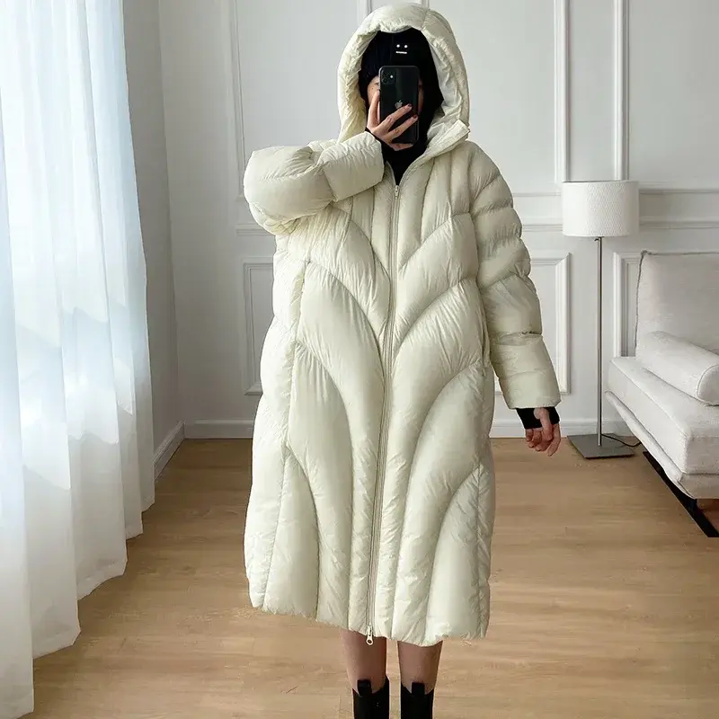 Simple Women's Winter Down Jacket Fluffy Warm Long Parka 2025 New High-end Cocoon Type Oversize Hooded White Duck Down Coat