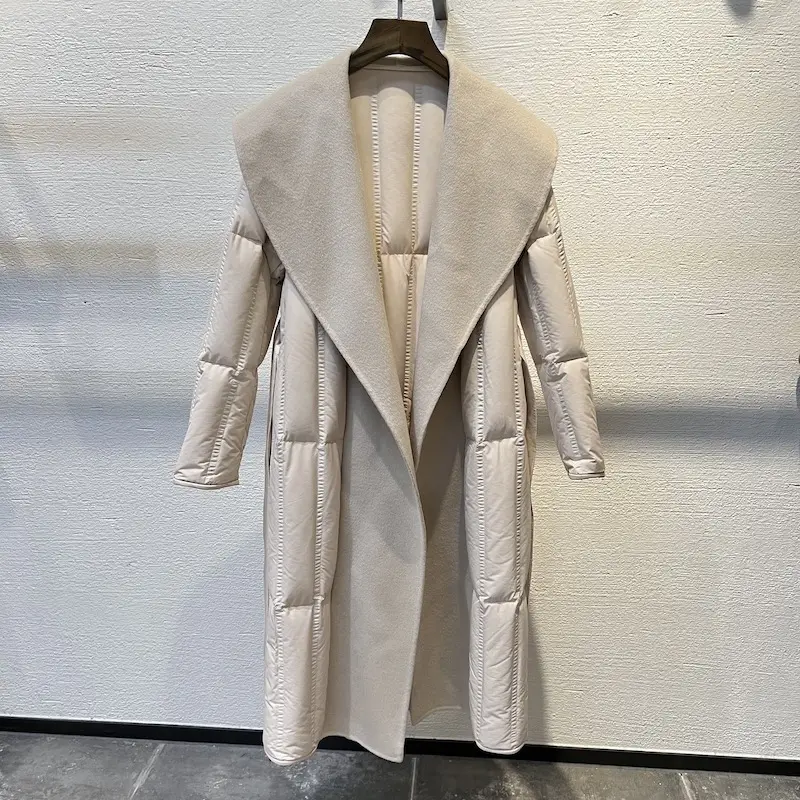 Winter Clothes Women Double-Sided Cashmere Spliced White Goose Down Jacket Lapel Belt Waist Closing Slim Long Wool Trench Coat