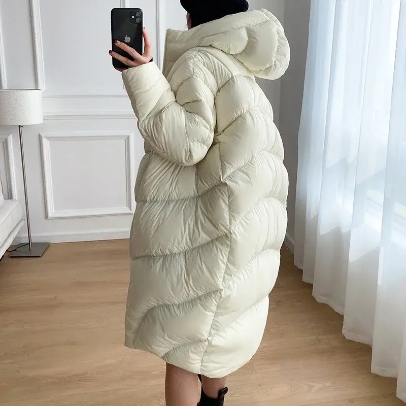 Simple Women's Winter Down Jacket Fluffy Warm Long Parka 2025 New High-end Cocoon Type Oversize Hooded White Duck Down Coat