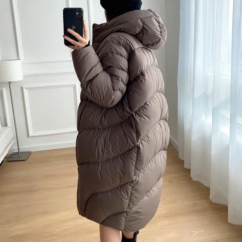 Simple Women's Winter Down Jacket Fluffy Warm Long Parka 2025 New High-end Cocoon Type Oversize Hooded White Duck Down Coat
