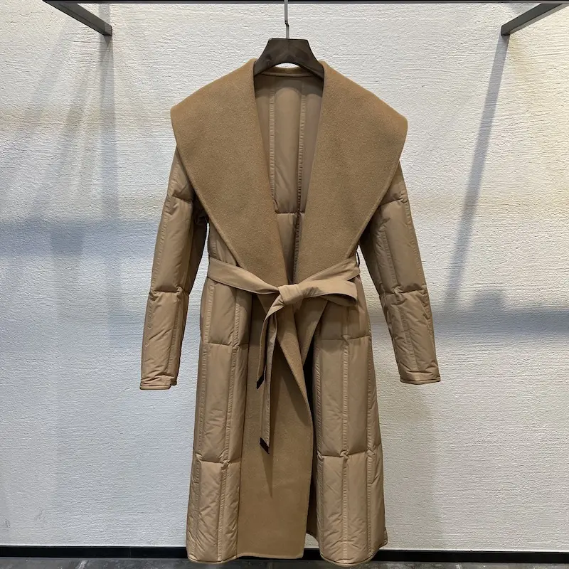 Winter Clothes Women Double-Sided Cashmere Spliced White Goose Down Jacket Lapel Belt Waist Closing Slim Long Wool Trench Coat
