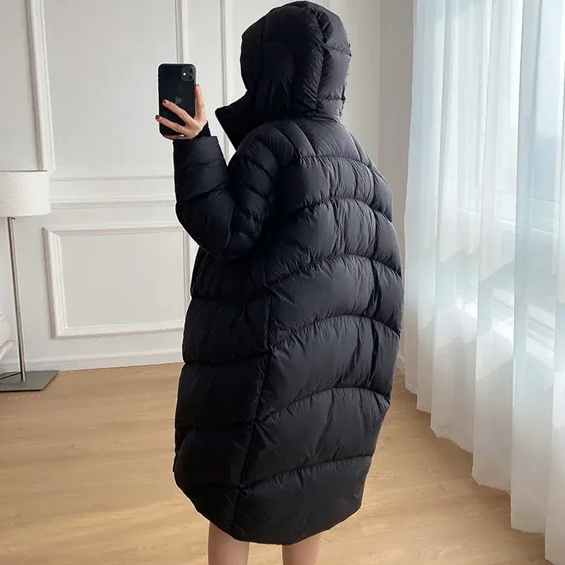 Simple Women's Winter Down Jacket Fluffy Warm Long Parka 2025 New High-end Cocoon Type Oversize Hooded White Duck Down Coat