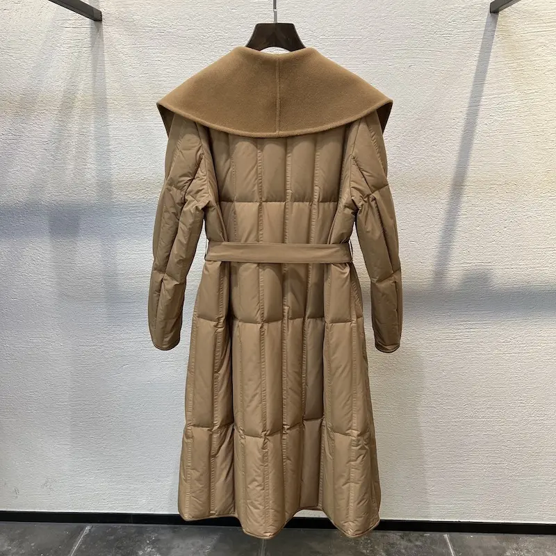Winter Clothes Women Double-Sided Cashmere Spliced White Goose Down Jacket Lapel Belt Waist Closing Slim Long Wool Trench Coat